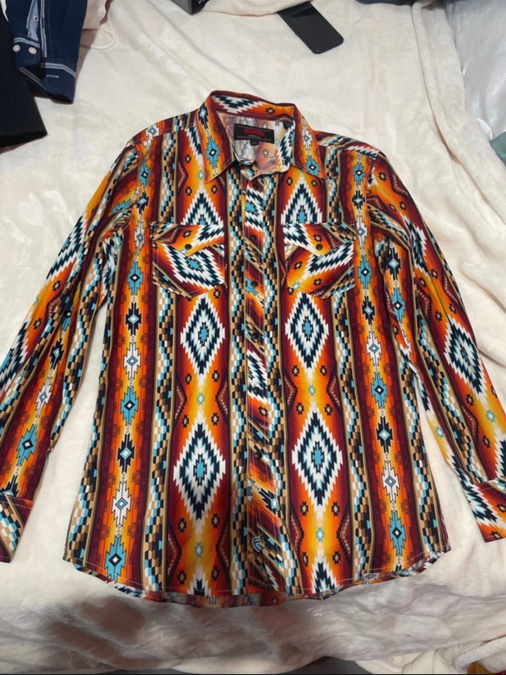 Men's Orange Aztec-Pattern Long-Sleeve Dress Shirt